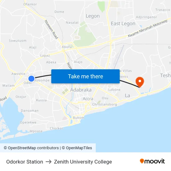Odorkor Station to Zenith University College map