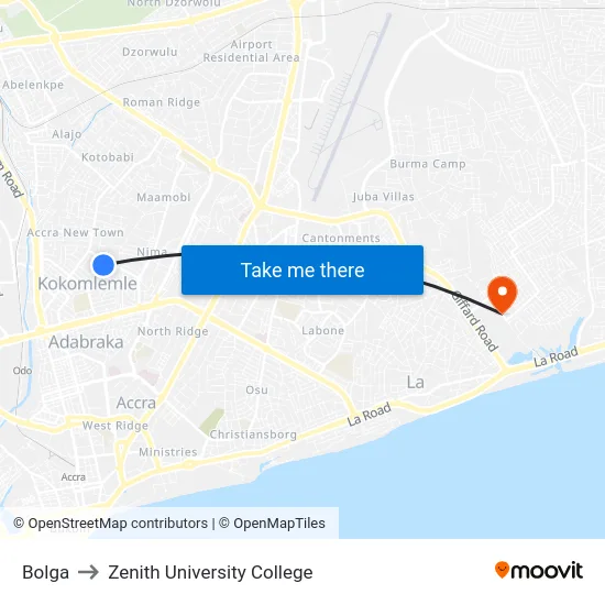 Bolga to Zenith University College map