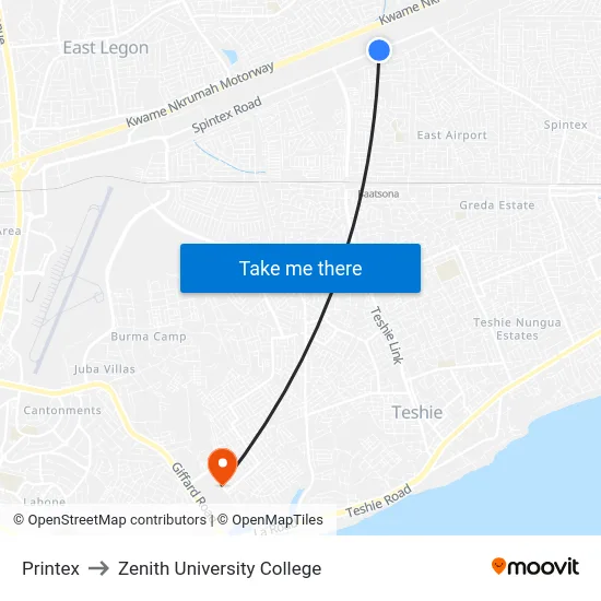 Printex to Zenith University College map