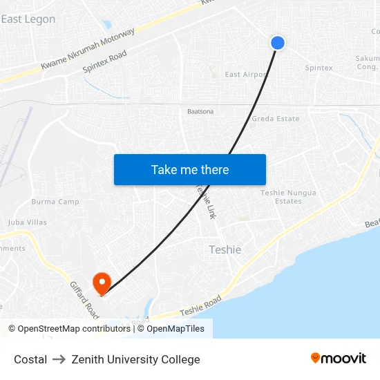 Costal to Zenith University College map