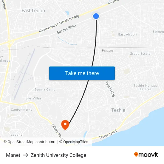 Manet to Zenith University College map
