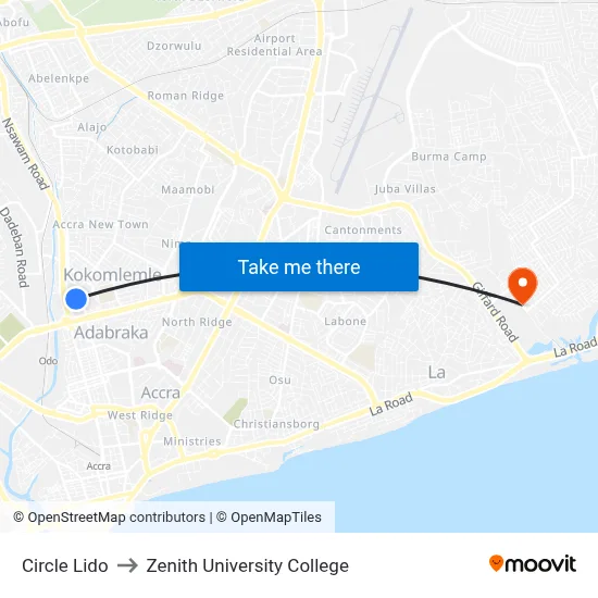 Circle Lido to Zenith University College map