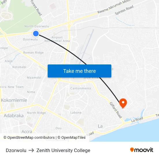 Dzorwolu to Zenith University College map