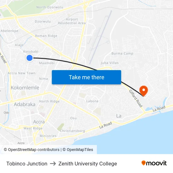 Tobinco Junction to Zenith University College map