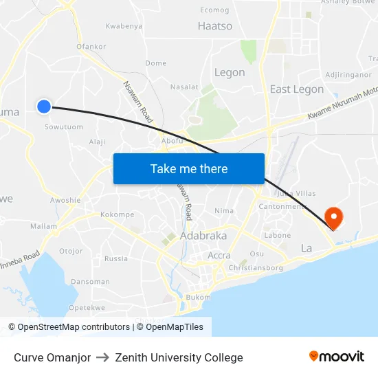 Curve Omanjor to Zenith University College map