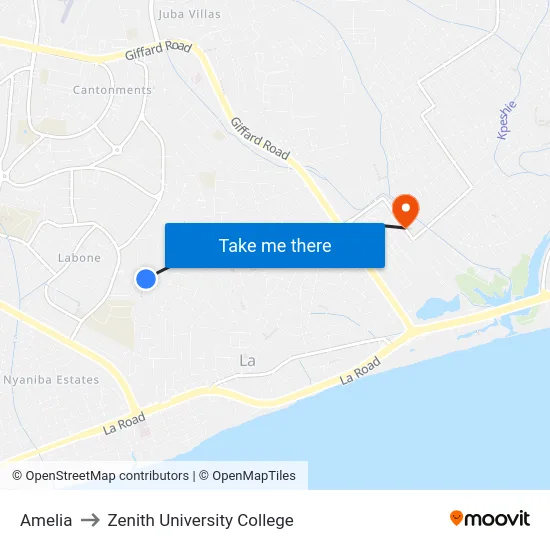 Amelia to Zenith University College map
