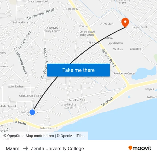 Maami to Zenith University College map