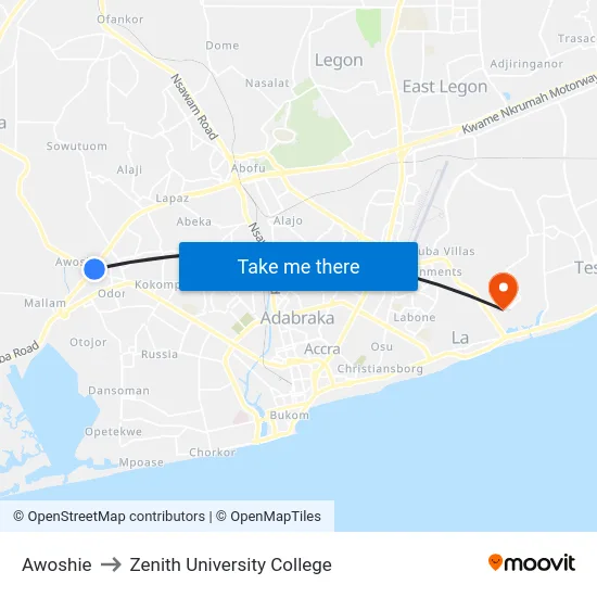 Awoshie to Zenith University College map