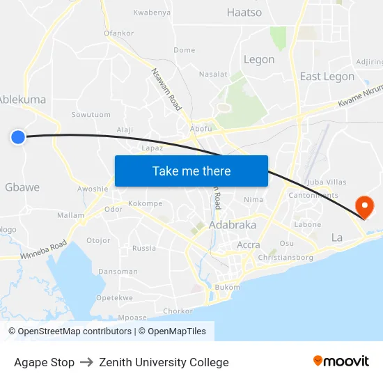 Agape Stop to Zenith University College map