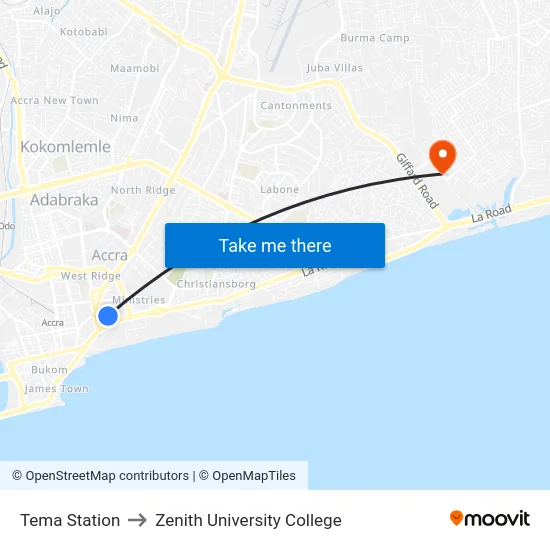 Tema Station to Zenith University College map