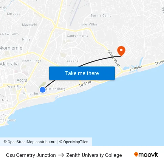 Osu Cemetry Junction to Zenith University College map