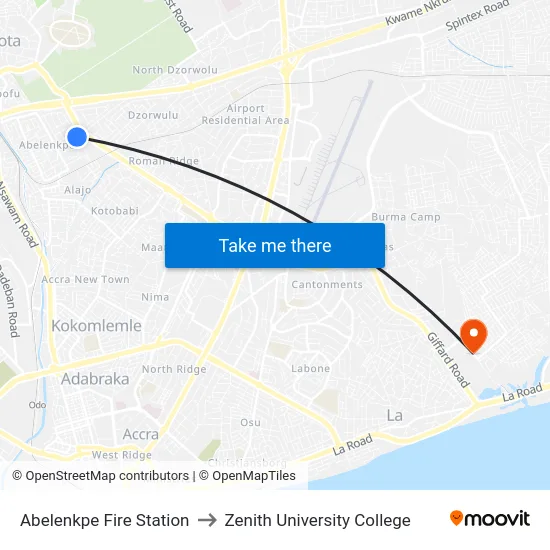 Abelenkpe Fire Station to Zenith University College map