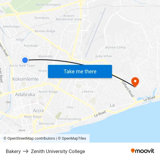 Bakery to Zenith University College map