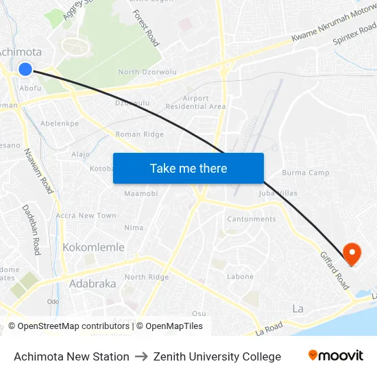 Achimota New Station to Zenith University College map