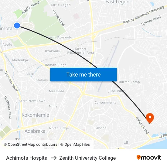 Achimota Hospital to Zenith University College map