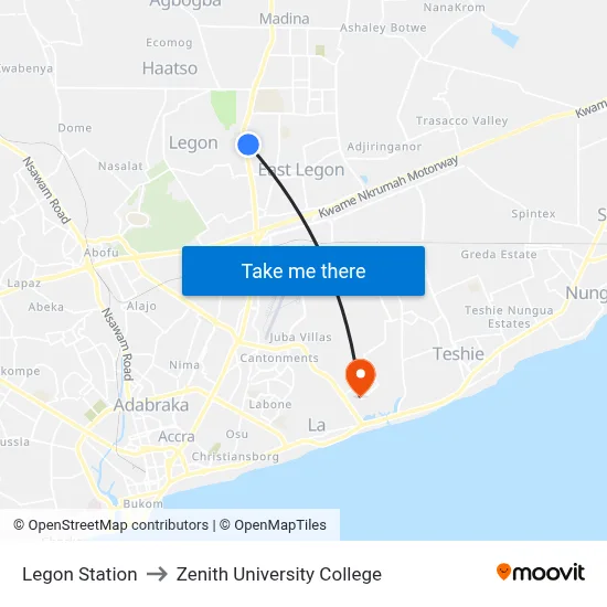Legon Station to Zenith University College map