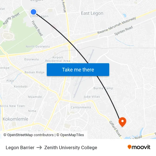 Legon Barrier to Zenith University College map