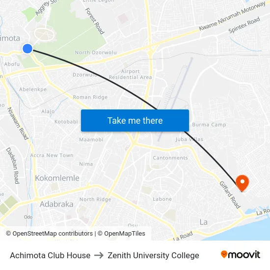 Achimota Club House to Zenith University College map