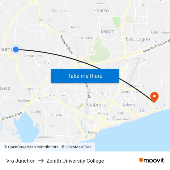 Vra Junction to Zenith University College map
