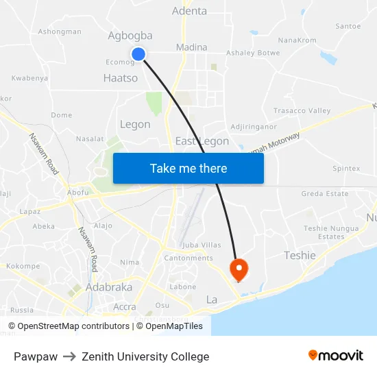 Pawpaw to Zenith University College map