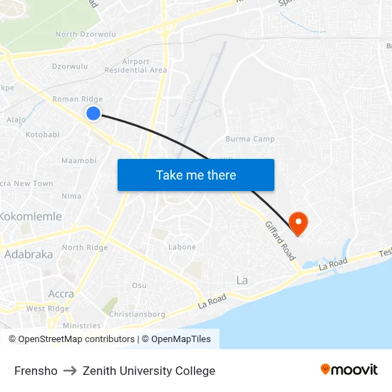 Frensho to Zenith University College map