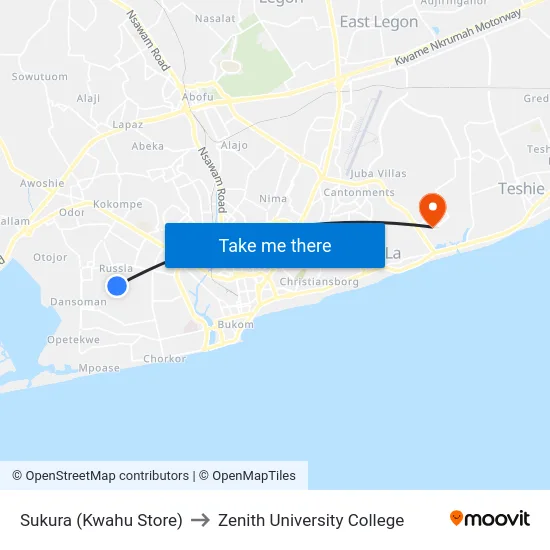 Sukura (Kwahu Store) to Zenith University College map