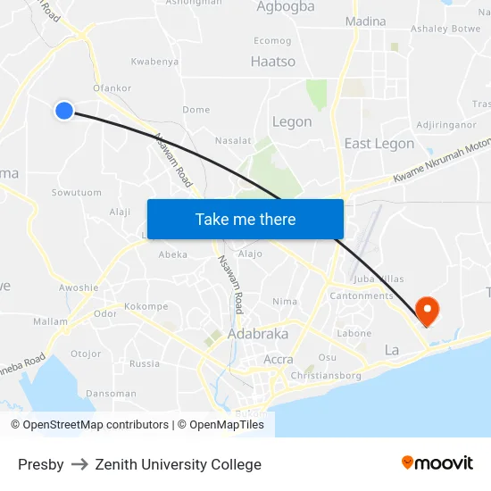 Presby to Zenith University College map