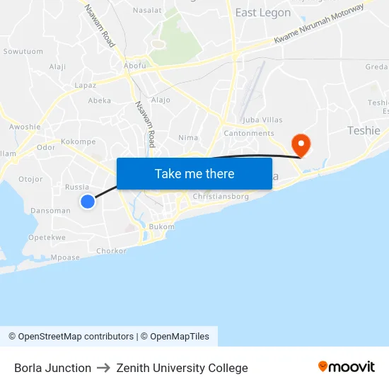 Borla Junction to Zenith University College map