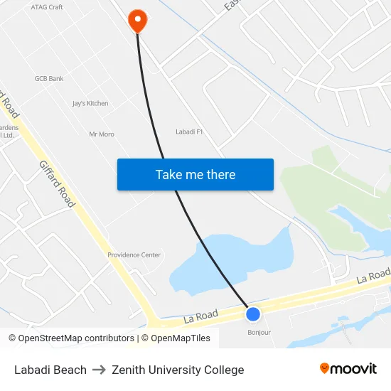 Labadi Beach to Zenith University College map