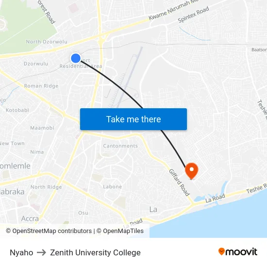 Nyaho to Zenith University College map
