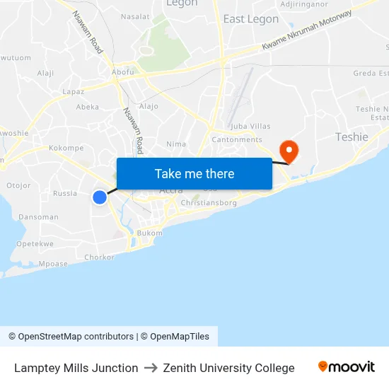 Lamptey Mills Junction to Zenith University College map