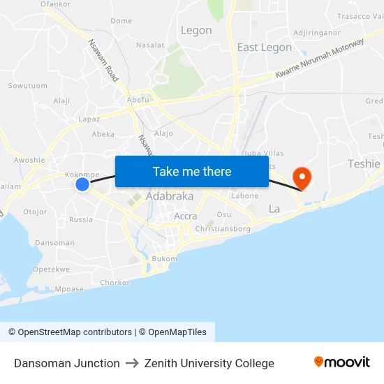 Dansoman Junction to Zenith University College map