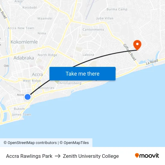 Accra Rawlings Park to Zenith University College map