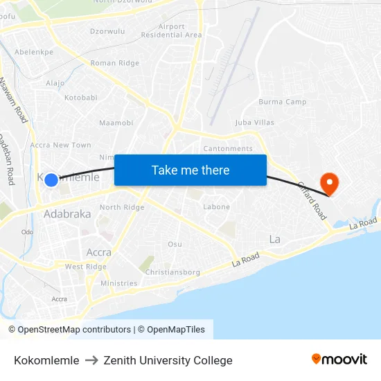 Kokomlemle to Zenith University College map