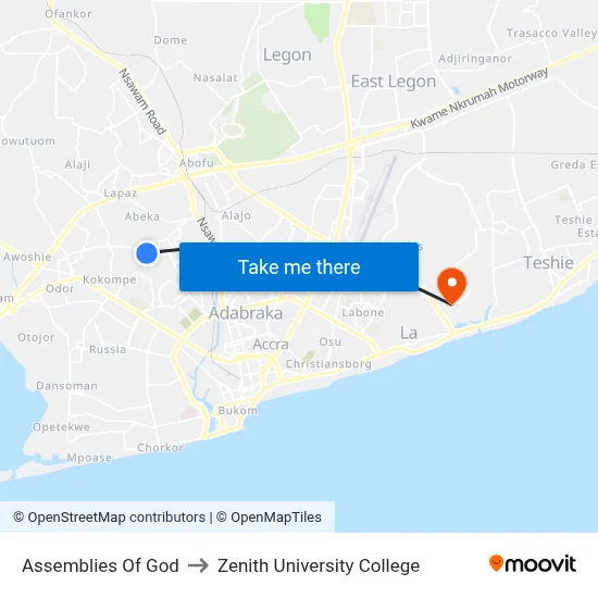 Assemblies Of God to Zenith University College map