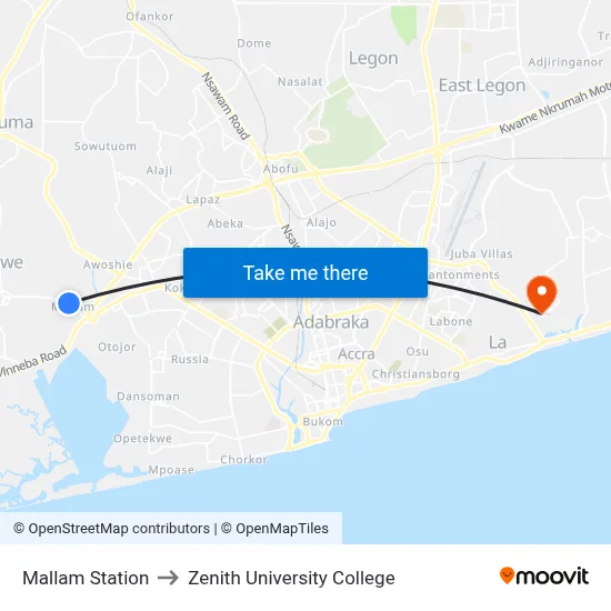 Mallam Station to Zenith University College map