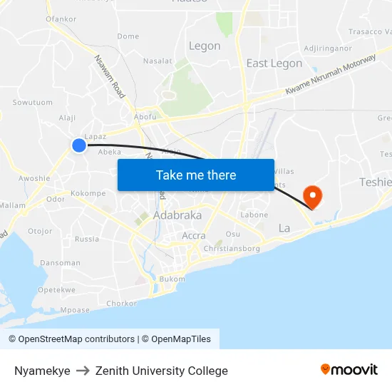 Nyamekye to Zenith University College map