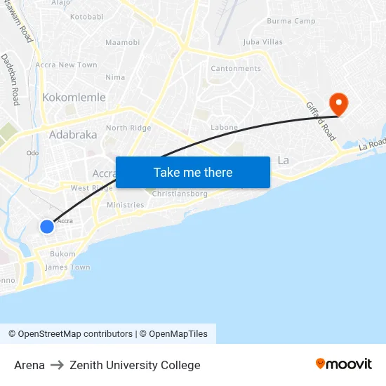 Arena to Zenith University College map