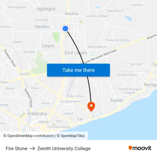 Fire Stone to Zenith University College map