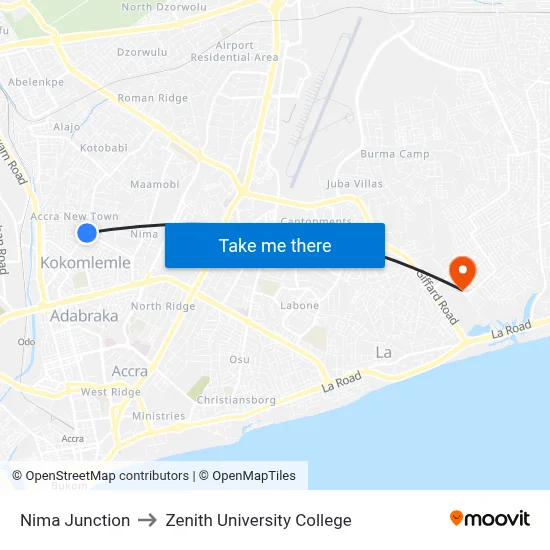 Nima Junction to Zenith University College map