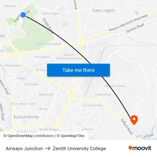 Airways Junction to Zenith University College map