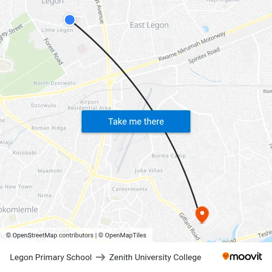 Legon Primary School to Zenith University College map
