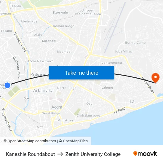 Kaneshie Roundabout to Zenith University College map