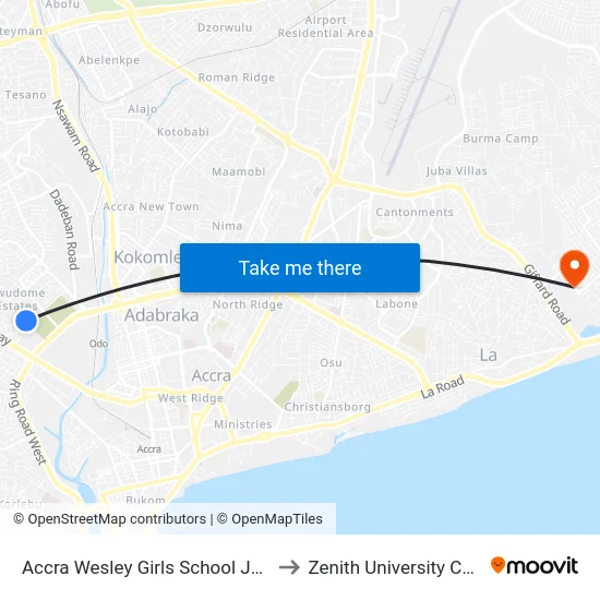 Accra Wesley Girls School Junction to Zenith University College map