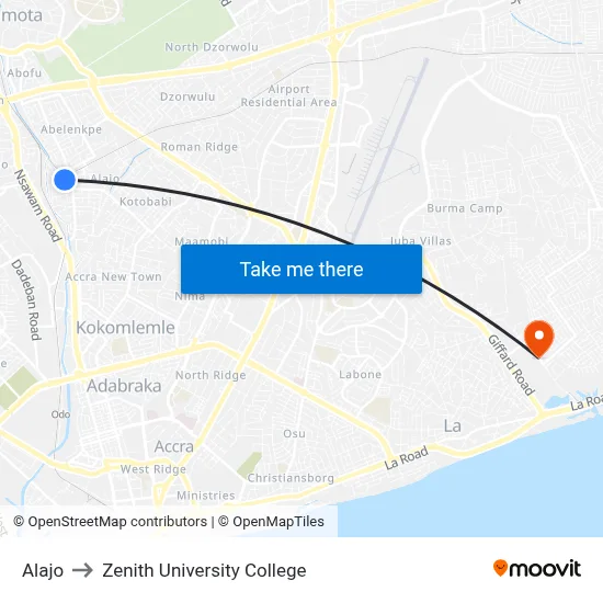 Alajo to Zenith University College map