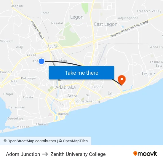 Adom Junction to Zenith University College map