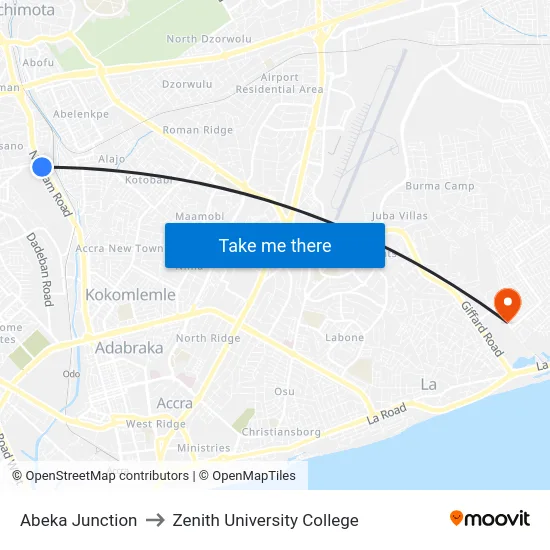 Abeka Junction to Zenith University College map