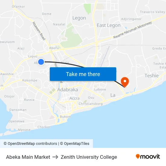 Abeka Main Market to Zenith University College map