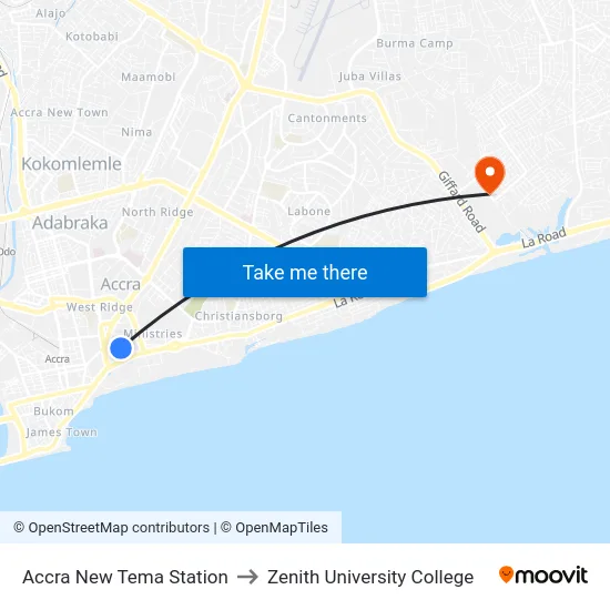 Accra New Tema Station to Zenith University College map