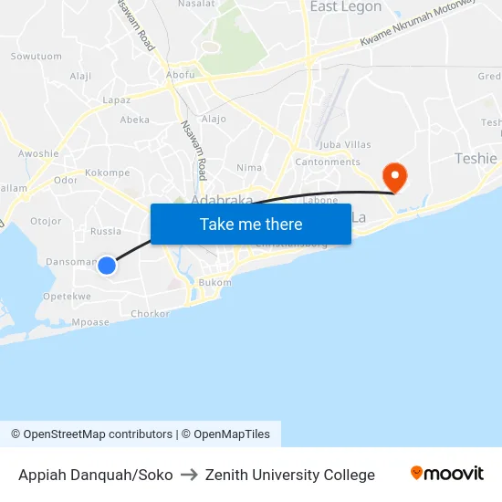 Appiah Danquah/Soko to Zenith University College map